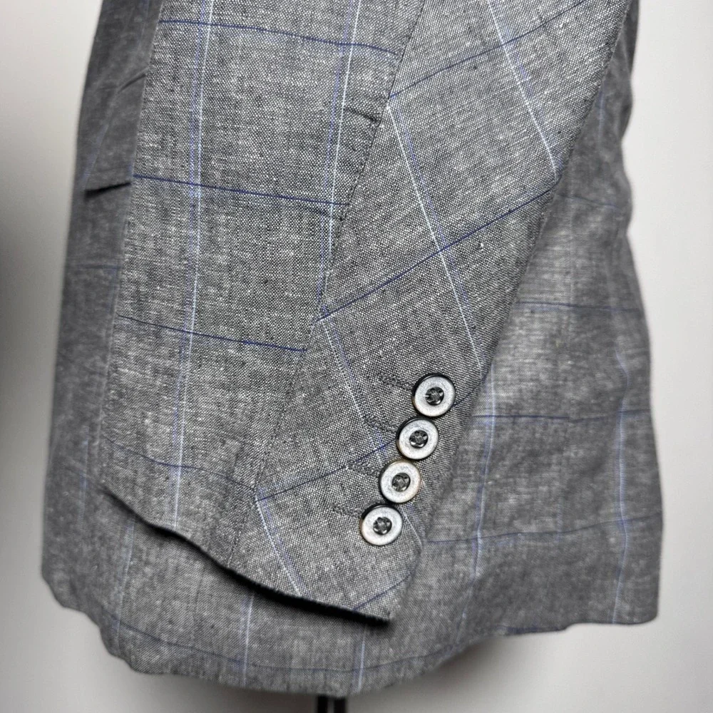Tasso‎ Elba Island Blazer Mens L 42-44 Gray Windowpane Linen Cotton Sport Coat